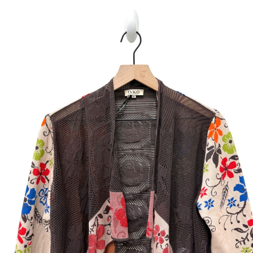 IVKO Woman Floral Knit Asymmetrical Front Cardigan Beige Brown Cotton Sz 44 - Picture 2 of 13
